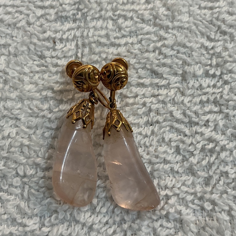 🌼Vintage🌼 Gold-Tone Rose Quartz Teardrop Dangle Earrings